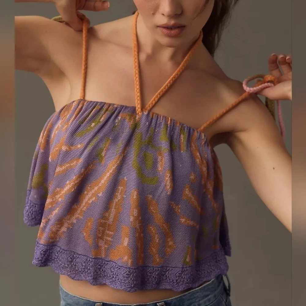 Anthropologie Flounce Knit Cropped Tassle Tank Top in Purple and Orange NWT